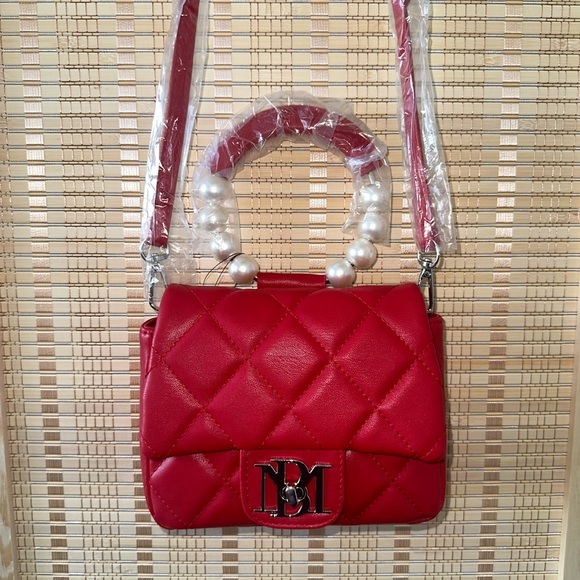 Badgley Mischka Handbags - Badgley Mischka Red Quilted Crossbody Bag with Pearl Handle - Vegan Leather
